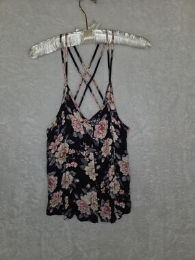 American Eagle Strappy Floral Tank  Double Criss Cross Straps Button Down Sz Sm